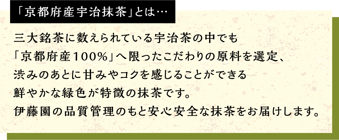 「京都府産宇治抹茶」とは・・・ 三大銘菓に数えられている宇治茶の中でも「京都府産100%」へ限ったこだわりの原料を選定、渋みのあとに甘みやコクを感じることができる鮮やかな緑色が特徴の抹茶です。伊藤園の品質管理のもと安心安全な抹茶をお届けします。